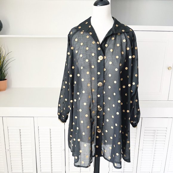 Vintage Dotti | Black Gold Polka Dot Oversized Blouse Tunic Dress | M - Picture 2 of 11